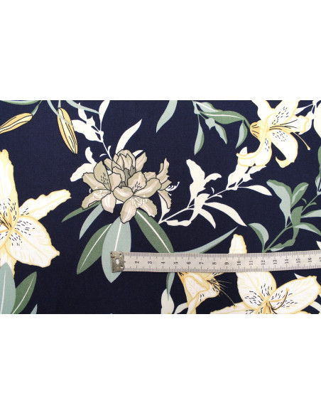 Tissu Popeline Viscose Imprimé Fleur Lysa Marine -Au Mètre