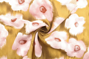 Tissu Popeline Viscose Imprimé Fleur Liseron Moutarde -Au Mètre