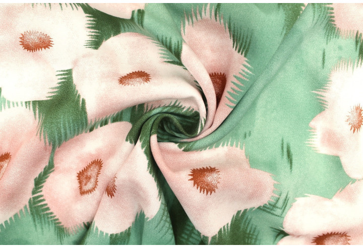 Tissu Popeline Viscose Imprimé Fleur Liseron Vert -Au Mètre