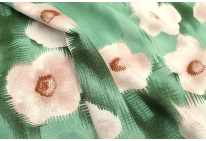 Tissu Popeline Viscose Imprimé Fleur Liseron Vert -Au Mètre