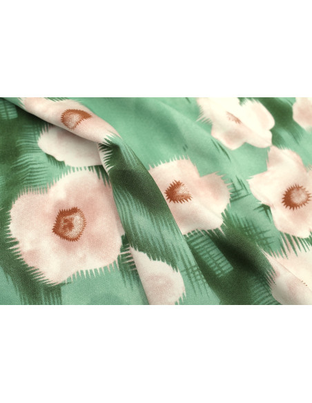 Tissu Popeline Viscose Imprimé Fleur Liseron Vert -Au Mètre