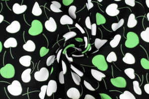 Tissu Popeline Viscose Imprimé Cerises d'amour Noir et Vert -Au Mètre