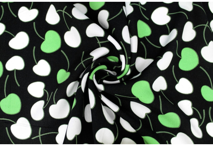 Tissu Popeline Viscose Imprimé Cerises d'amour Noir et Vert -Au Mètre