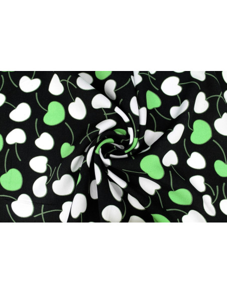 Tissu Popeline Viscose Imprimé Cerises d'amour Noir et Vert -Au Mètre