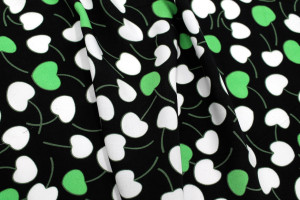 Tissu Popeline Viscose Imprimé Cerises d'amour Noir et Vert -Au Mètre 2