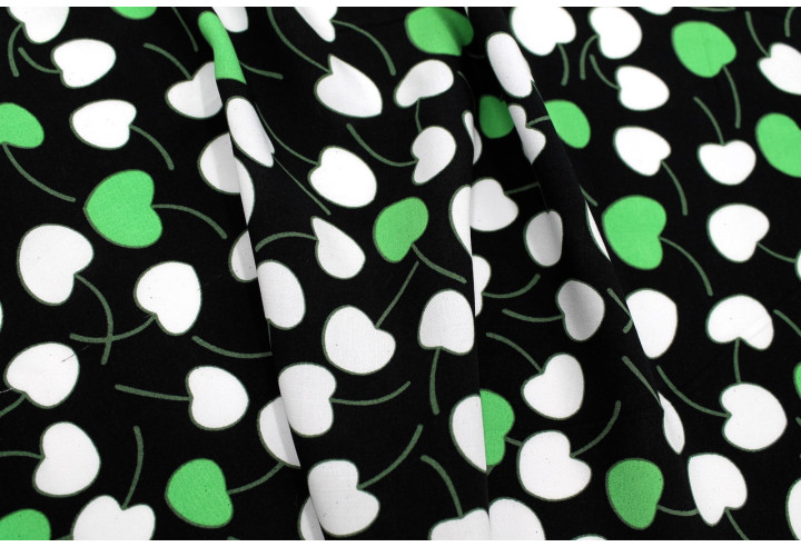 Tissu Popeline Viscose Imprimé Cerises d'amour Noir et Vert -Au Mètre