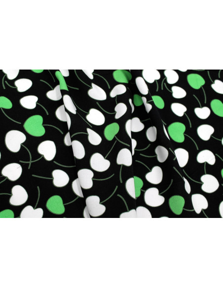 Tissu Popeline Viscose Imprimé Cerises d'amour Noir et Vert -Au Mètre