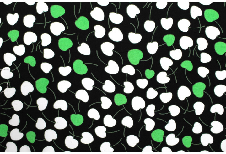 Tissu Popeline Viscose Imprimé Cerises d'amour Noir et Vert -Au Mètre