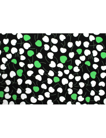 Tissu Popeline Viscose Imprimé Cerises d'amour Noir et Vert -Au Mètre