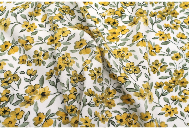 Tissu Popeline Viscose Imprimé Fleur Mya Moutarde -Au Mètre