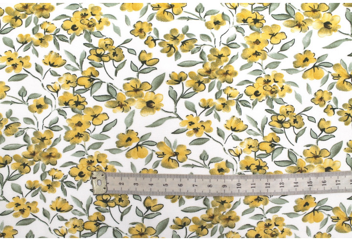 Tissu Popeline Viscose Imprimé Fleur Mya Moutarde -Au Mètre