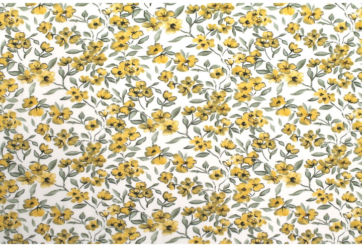 Tissu Popeline Viscose Imprimé Fleur Mya Moutarde -Au Mètre