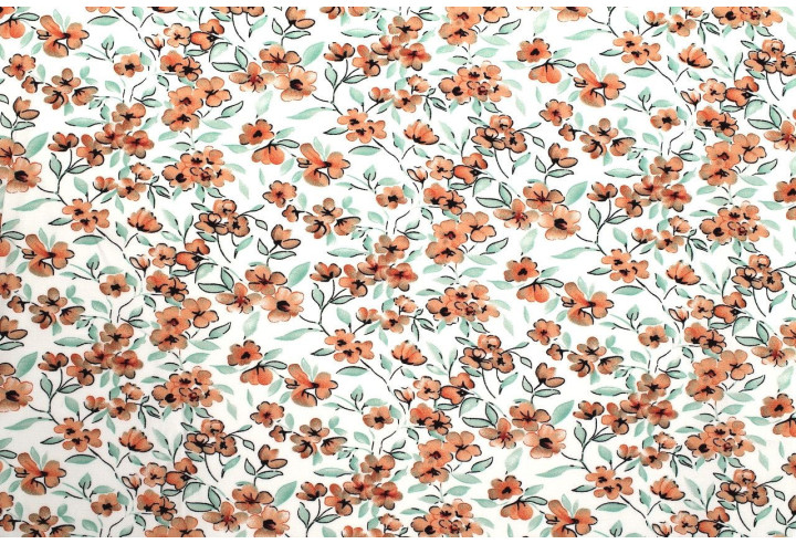 Tissu Popeline Viscose Imprimé Fleur Mya Saumon -Au Mètre