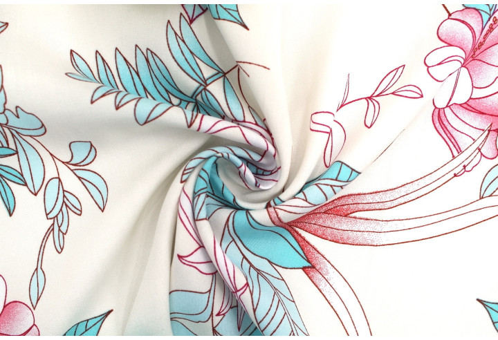 Tissu Popeline Viscose Imprimé Fleur Compolys Turquoise -Au Mètre