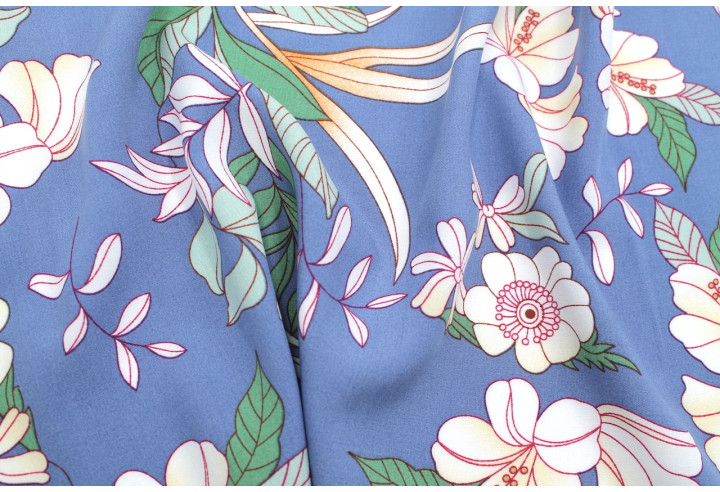 Tissu Popeline Viscose Imprimé Fleur Compolys Bleu -Au Mètre