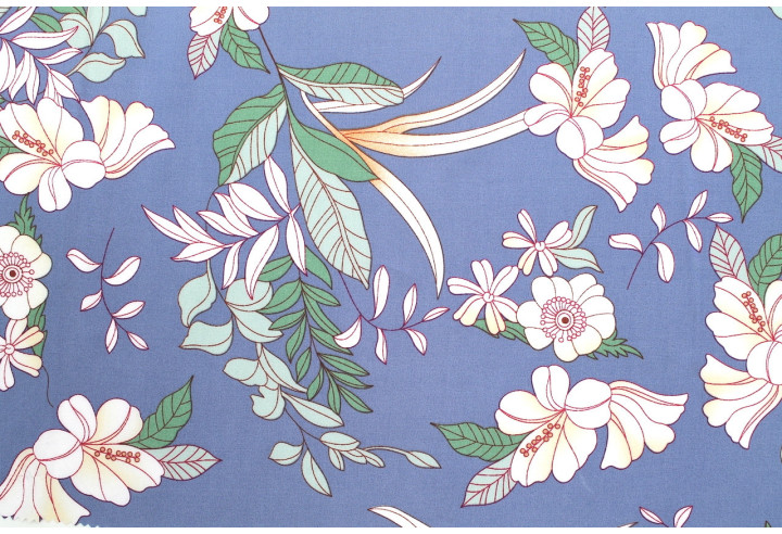 Tissu Popeline Viscose Imprimé Fleur Compolys Bleu -Au Mètre