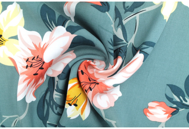 Tissu Popeline Viscose Imprimé Maxi Fleur Vert -Au Mètre