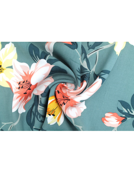 Tissu Popeline Viscose Imprimé Maxi Fleur Vert -Au Mètre