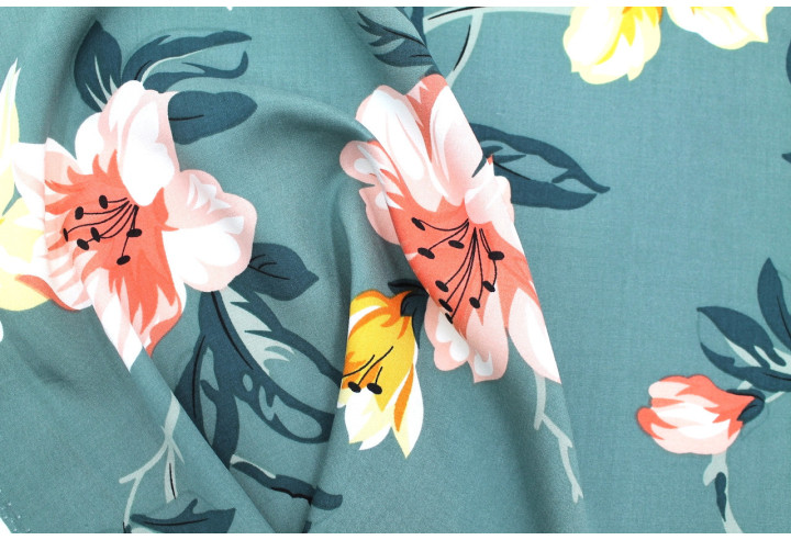 Tissu Popeline Viscose Imprimé Maxi Fleur Vert -Au Mètre