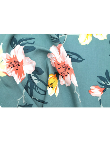 Tissu Popeline Viscose Imprimé Maxi Fleur Vert -Au Mètre