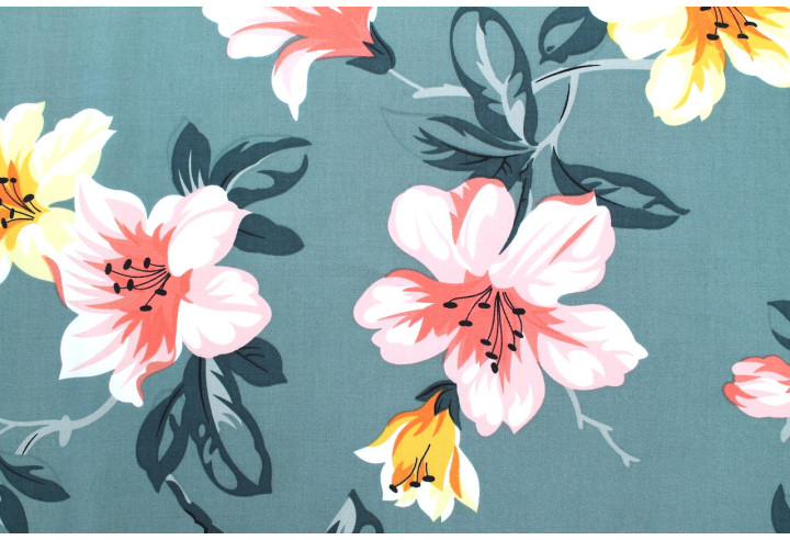 Tissu Popeline Viscose Imprimé Maxi Fleur Vert -Au Mètre