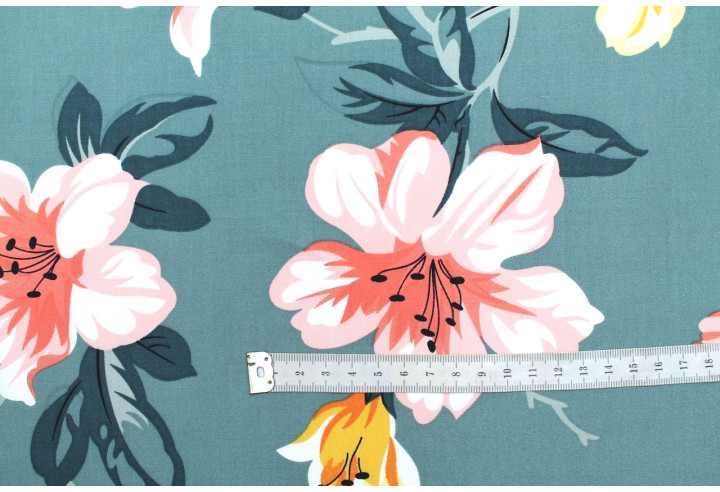 Tissu Popeline Viscose Imprimé Maxi Fleur Vert -Au Mètre