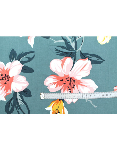Tissu Popeline Viscose Imprimé Maxi Fleur Vert -Au Mètre