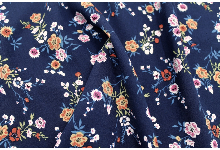 Tissu Popeline Viscose Imprimé Fleur Marjorie Marine -Au Mètre