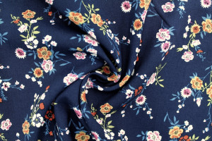 Tissu Popeline Viscose Imprimé Fleur Marjorie Marine -Au Mètre