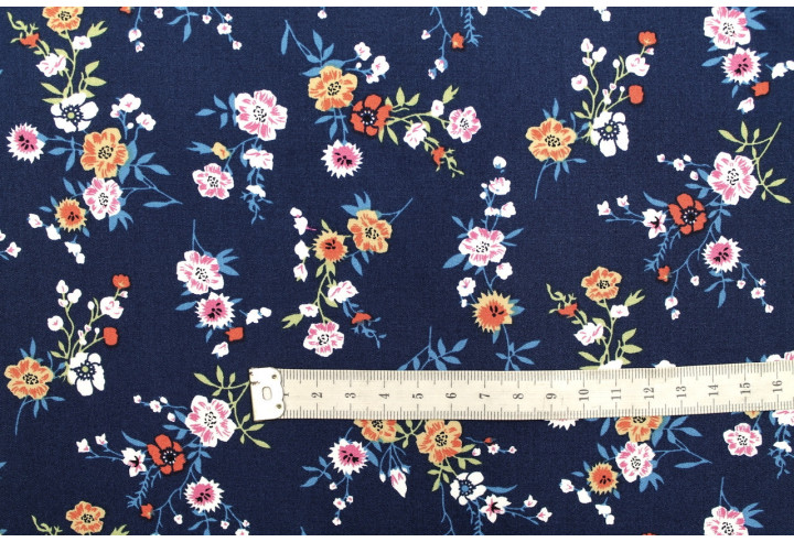 Tissu Popeline Viscose Imprimé Fleur Marjorie Marine -Au Mètre
