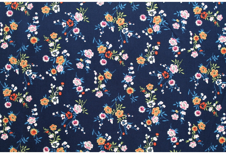 Tissu Popeline Viscose Imprimé Fleur Marjorie Marine -Au Mètre