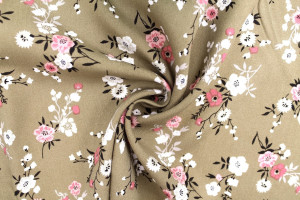 Tissu Popeline Viscose Imprimé Fleur Marjorie Beige -Au Mètre