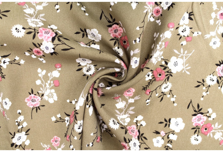 Tissu Popeline Viscose Imprimé Fleur Marjorie Beige -Au Mètre