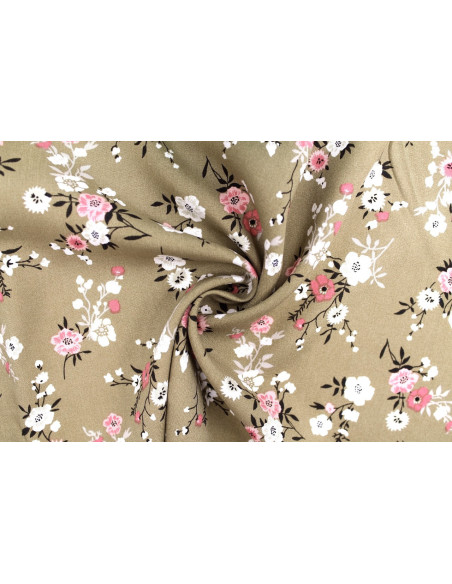 Tissu Popeline Viscose Imprimé Fleur Marjorie Beige -Au Mètre