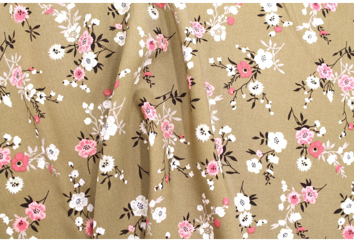 Tissu Popeline Viscose Imprimé Fleur Marjorie Beige -Au Mètre