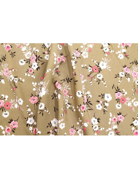 Tissu Popeline Viscose Imprimé Fleur Marjorie Beige -Au Mètre