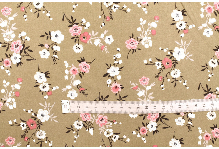 Tissu Popeline Viscose Imprimé Fleur Marjorie Beige -Au Mètre