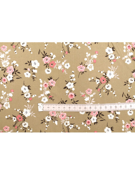 Tissu Popeline Viscose Imprimé Fleur Marjorie Beige -Au Mètre