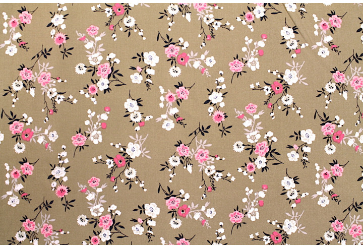 Tissu Popeline Viscose Imprimé Fleur Marjorie Beige -Au Mètre