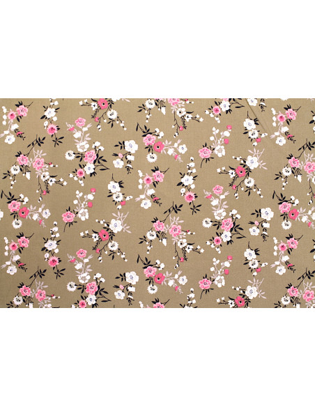 Tissu Popeline Viscose Imprimé Fleur Marjorie Beige -Au Mètre