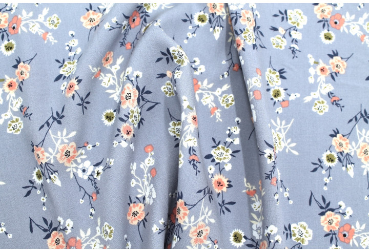 Tissu Popeline Viscose Imprimé Fleur Marjorie Gris -Au Mètre