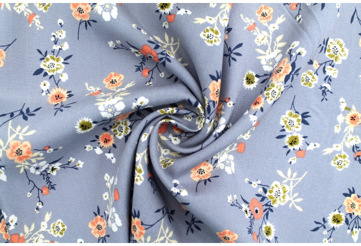 Tissu Popeline Viscose Imprimé Fleur Marjorie Gris -Au Mètre