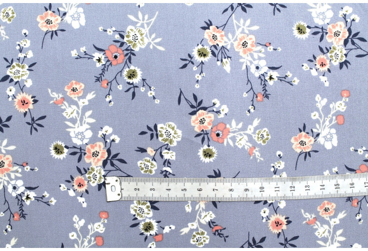 Tissu Popeline Viscose Imprimé Fleur Marjorie Gris -Au Mètre