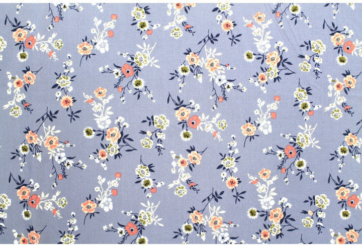 Tissu Popeline Viscose Imprimé Fleur Marjorie Gris -Au Mètre
