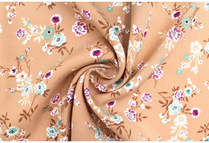 Tissu Popeline Viscose Imprimé Fleur Marjorie Camel -Au Mètre