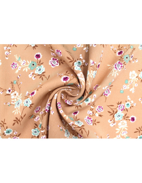Tissu Popeline Viscose Imprimé Fleur Marjorie Camel -Au Mètre
