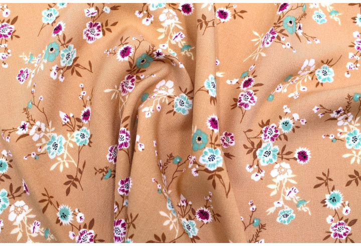 Tissu Popeline Viscose Imprimé Fleur Marjorie Camel -Au Mètre