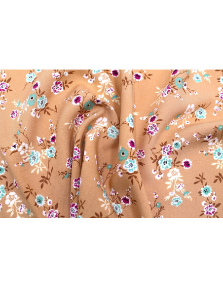 Tissu Popeline Viscose Imprimé Fleur Marjorie Camel -Au Mètre