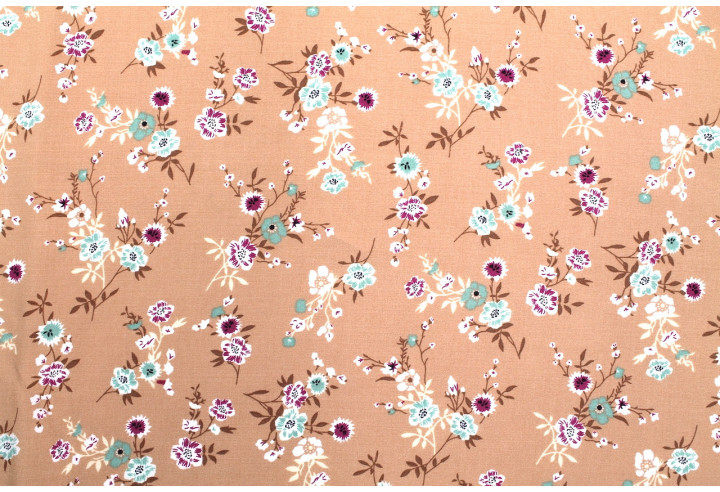Tissu Popeline Viscose Imprimé Fleur Marjorie Camel -Au Mètre