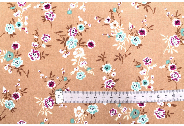 Tissu Popeline Viscose Imprimé Fleur Marjorie Camel -Au Mètre
